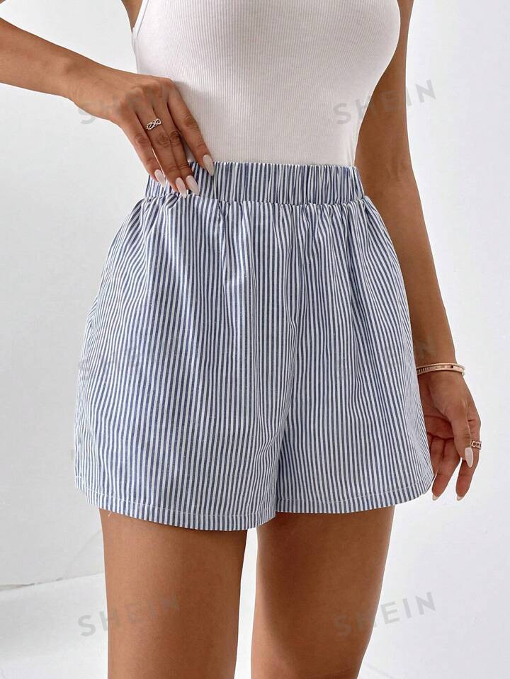 SHEIN Essnce Striped Print Elastic Waist Shorts | SHEIN | SHEIN
