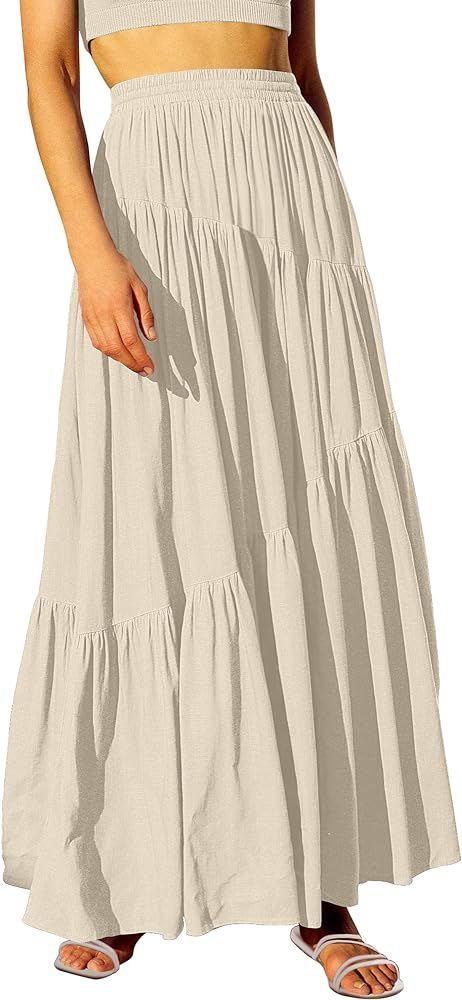 ANRABESS Women’s Boho Elastic High Waist Pleated A-Line Flowy Swing Asymmetric Tiered Maxi Long... | Amazon (US)