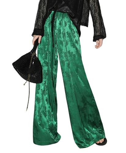 Women's Satin Wide Leg Pants Floral Textured Silky Casual Slacks High Waist Pants Green | Amazon (US)