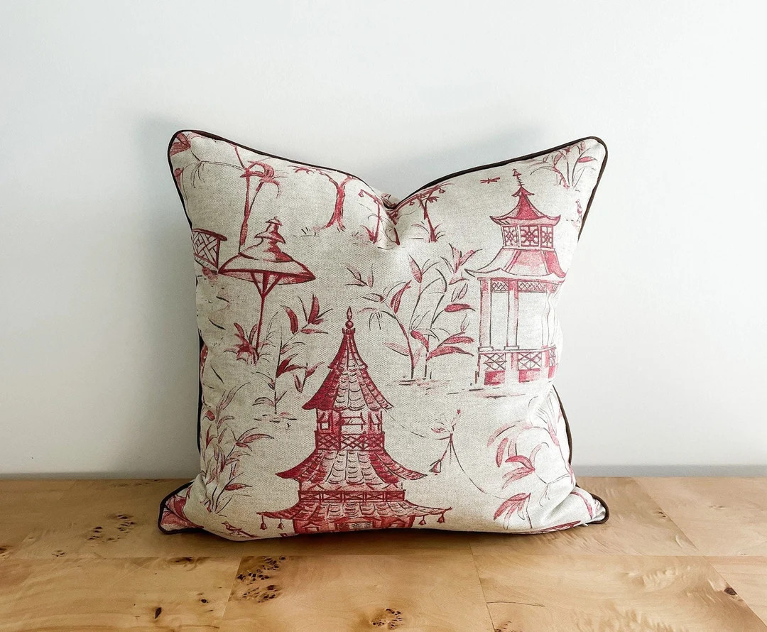 Red Toile Pagoda Pillow Cover, Red and Flax Beige Brown Linen Look Decorative Accent Throw, Asian... | Etsy (US)