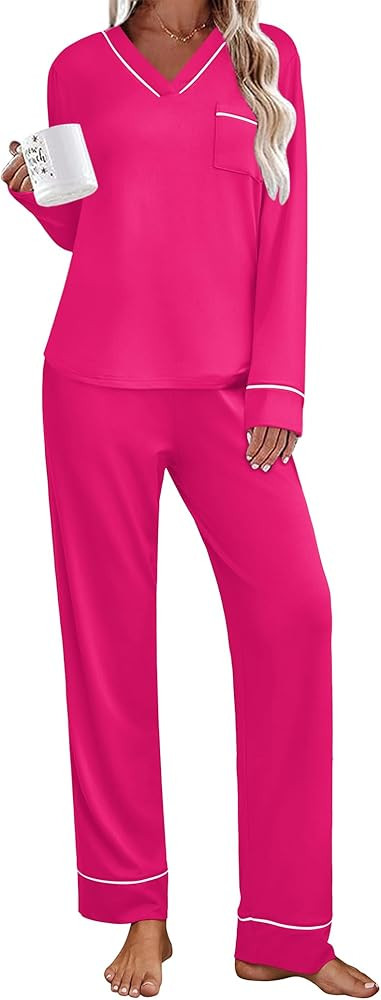 Ekouaer Women's Pajamas Sets 2 piece PJs V Neck Long Sleeve Sleepwear Comfy Pants Loungewear with... | Amazon (US)