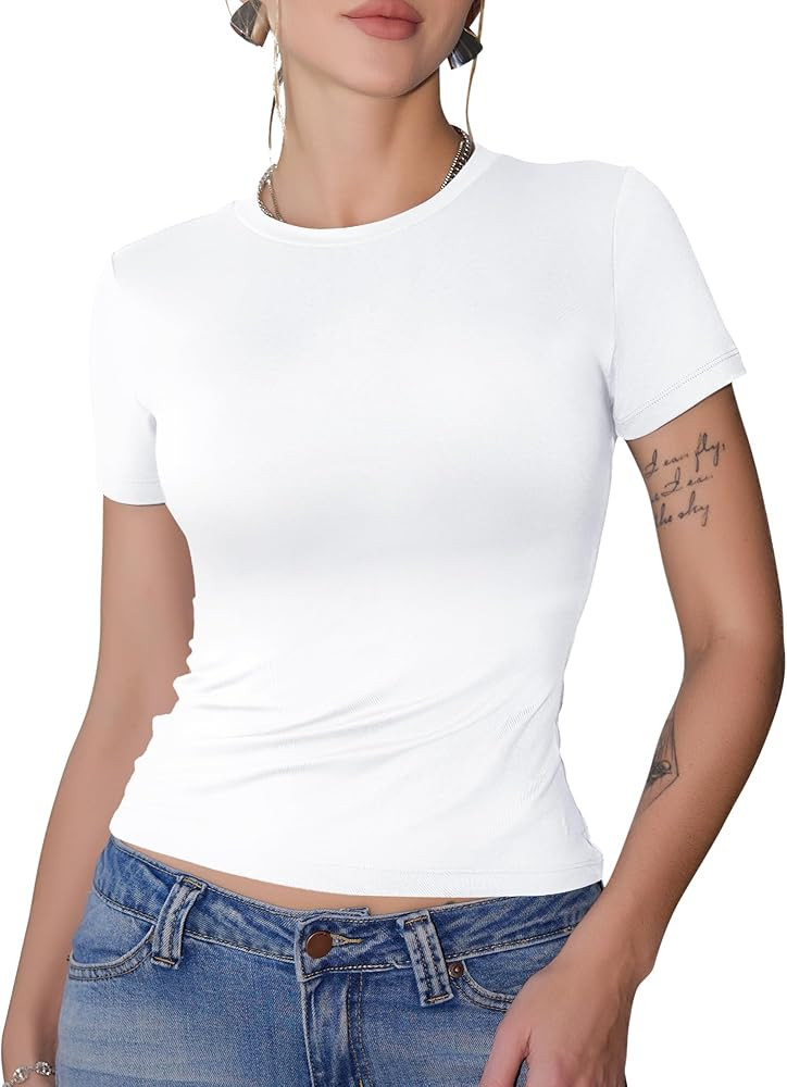 GAYHAY Womens Basic T Shirts Crew Neck Short Sleeve Slim Fitted Tees Y2K Cute Trendy Summer Crop ... | Amazon (US)