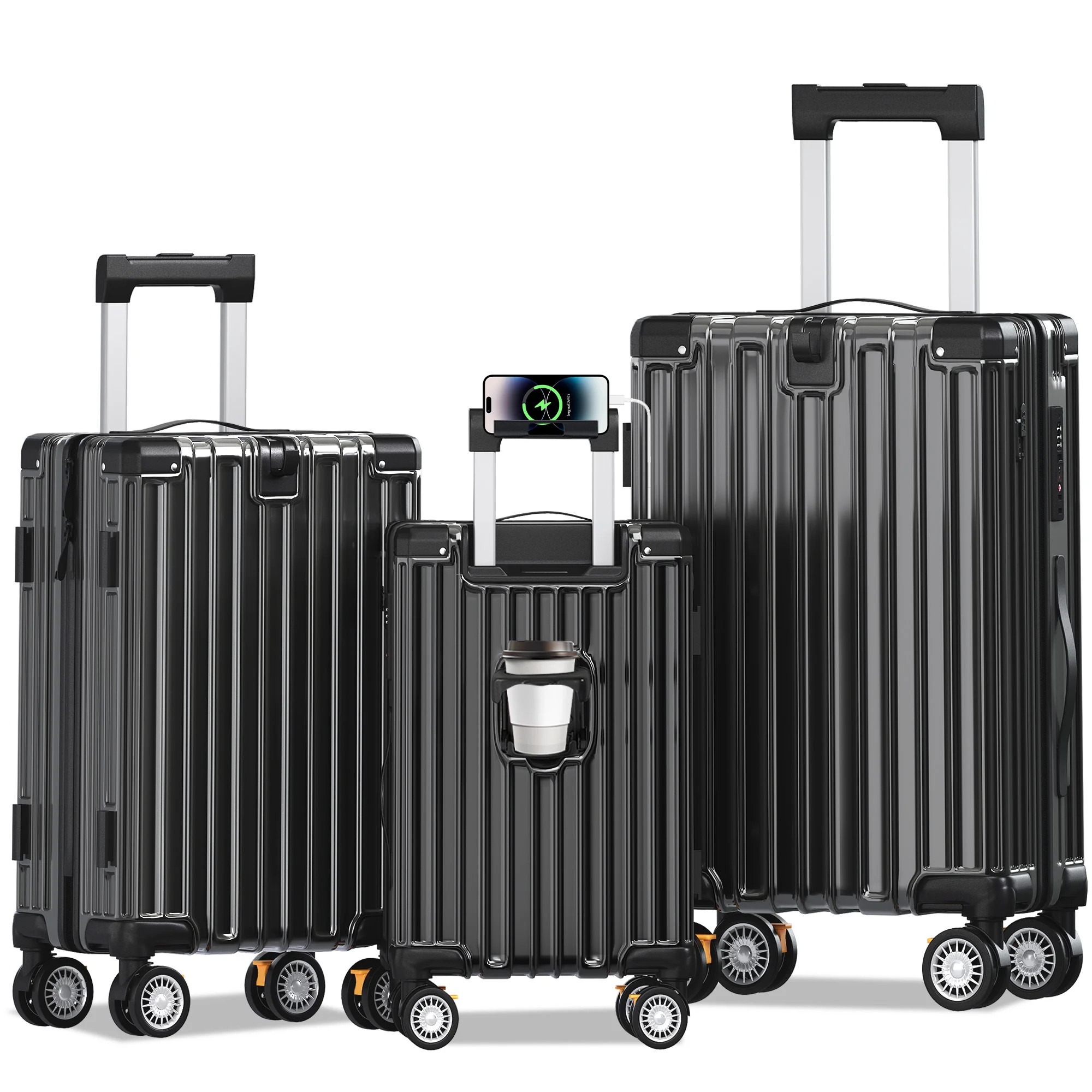 3-Piece Lightweight Hardshell Luggage Set with Double Spinner Wheels and TSA Lock – Expandable ABS+PC Suitcases for Travel, Black | Wayfair North America