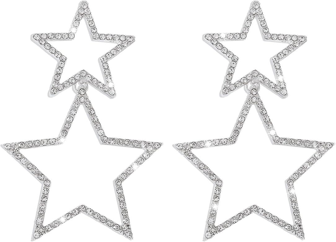 Sliver Star Stud Earrings for Women Girls Rhinestone Big Star Dangle Earrings Lightweight Crystal... | Amazon (US)