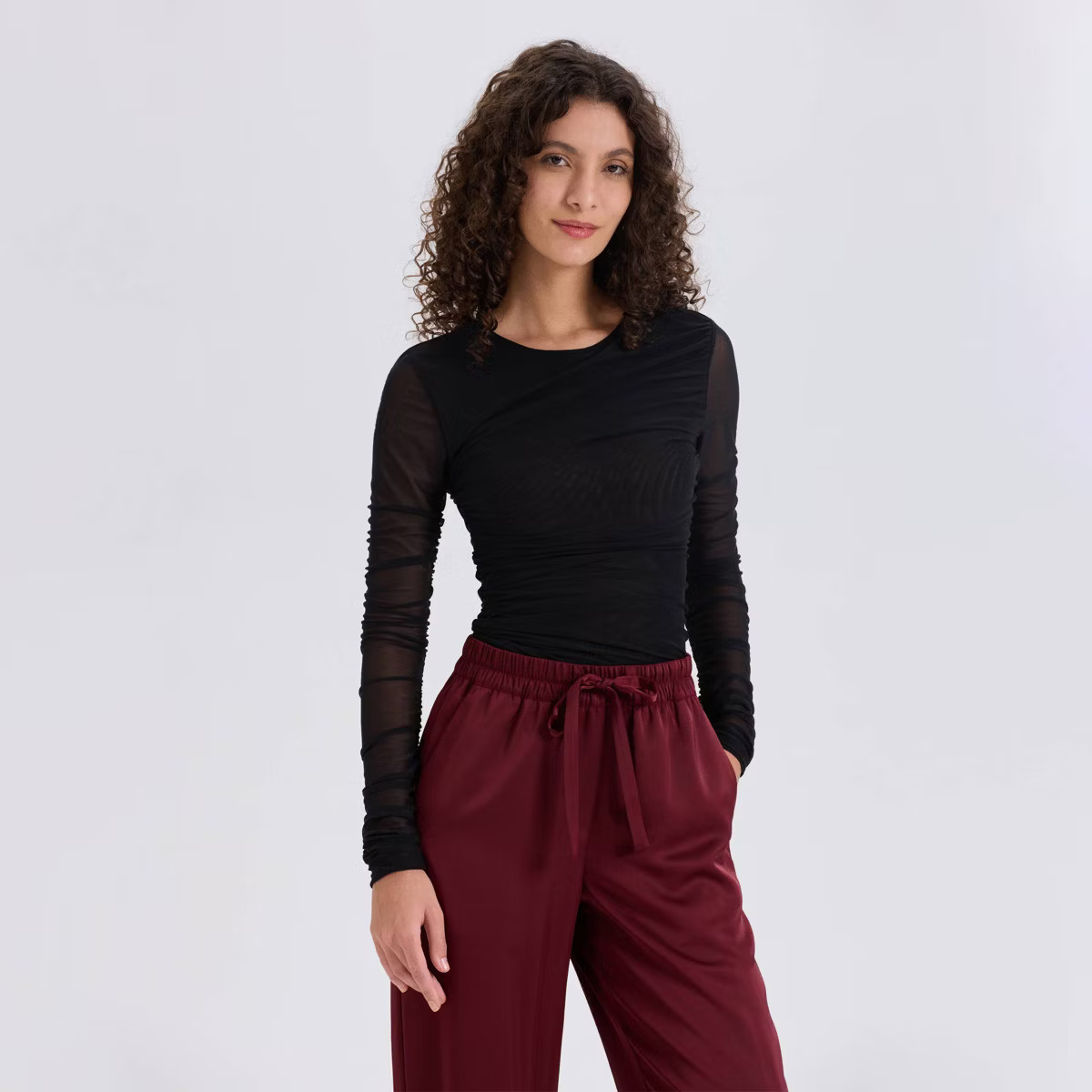 Women's Long Sleeve Ruched Asymmetrical Mesh Top - A New Day™ | Target