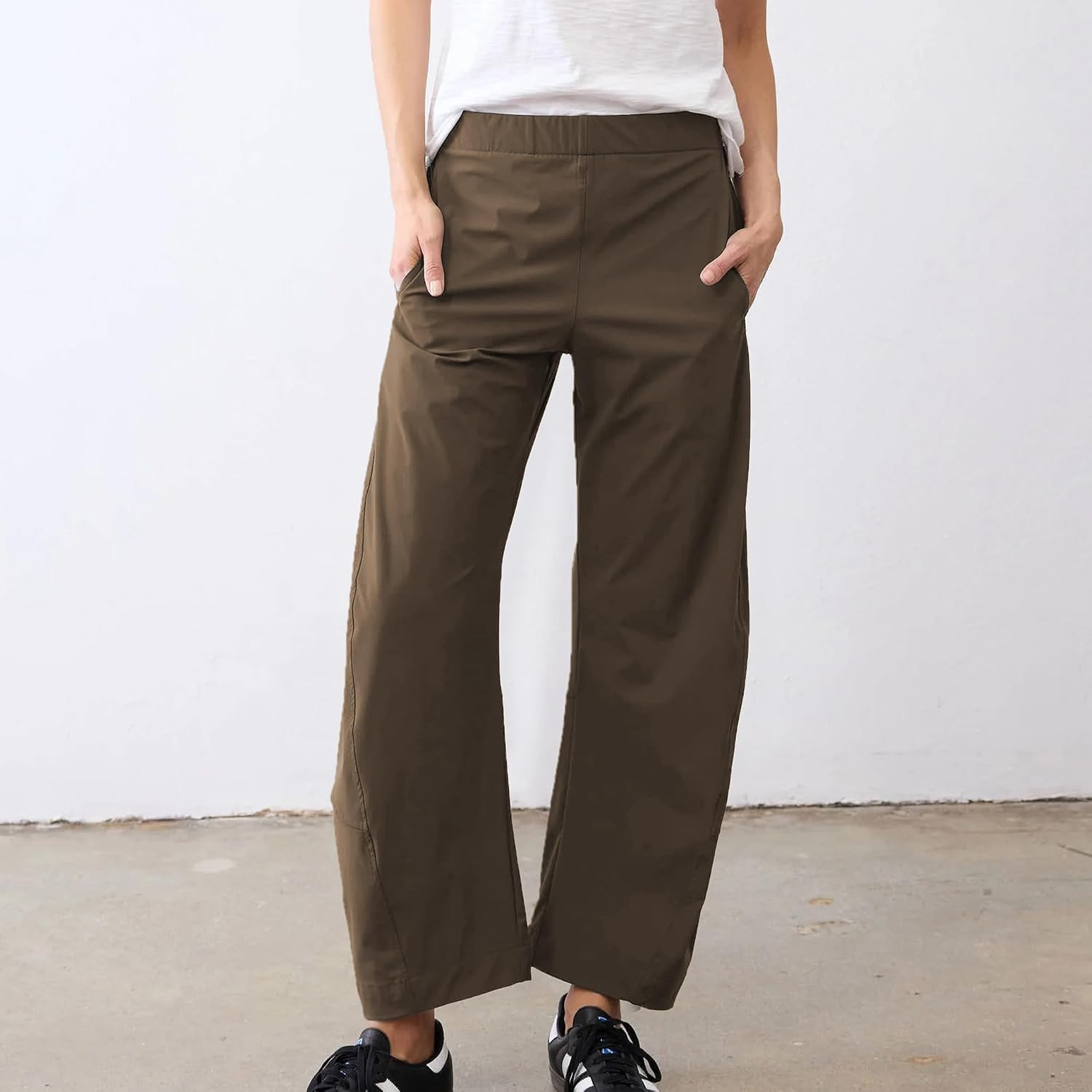 SeeLuNa Women Barrel Travel Pants Elastic Waistband Tapered Leg Baggy Mid Rise Work Trousers Lounge Pant with Pockets | Amazon (US)