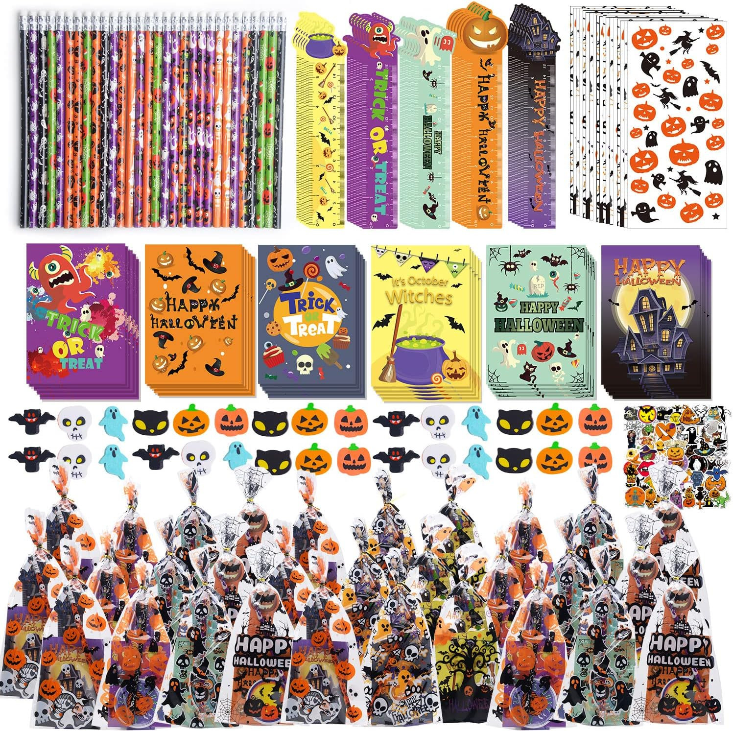 200PCS Halloween Party Favors for Kids Stationery Set, 30 PACK Assorted Halloween Goodie Bag Stuffers, Bulk Halloween Treats Bags for Trick or Treat Pencils Erasers Rulers | Amazon (US)