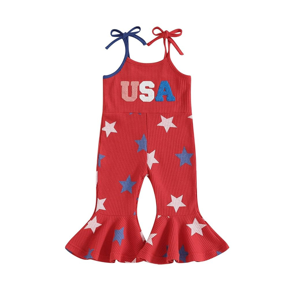 4th of July Toddler Girl Outfit USA Romper Spaghetti Strap Bell Bottom Jumpsuit Overall Baby Four... | Amazon (US)