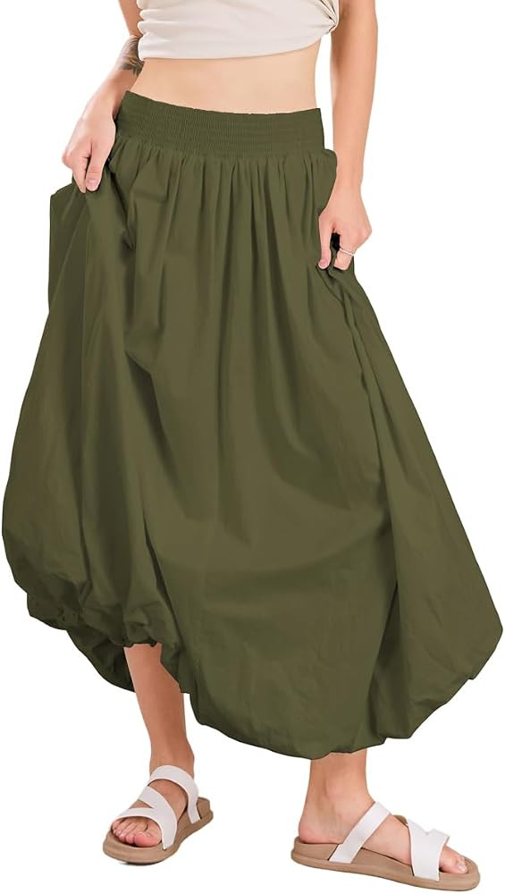 chouyatou Women's Summer Y2k Bubble Maxi Long Skirt Puffy Ruffle High Waist A-Line Smocked Skirt | Amazon (US)