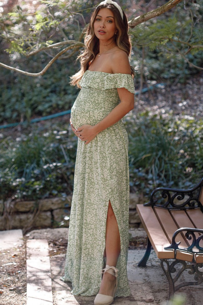 Green Floral Ruffle Off Shoulder Maternity Maxi Dress | PinkBlush Maternity