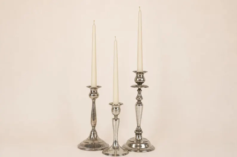Set of 3 Vintage Silverplate Candlesticks, Mixed Height Silver Candle Holders, Cottage Farmhouse ... | Etsy (Global)