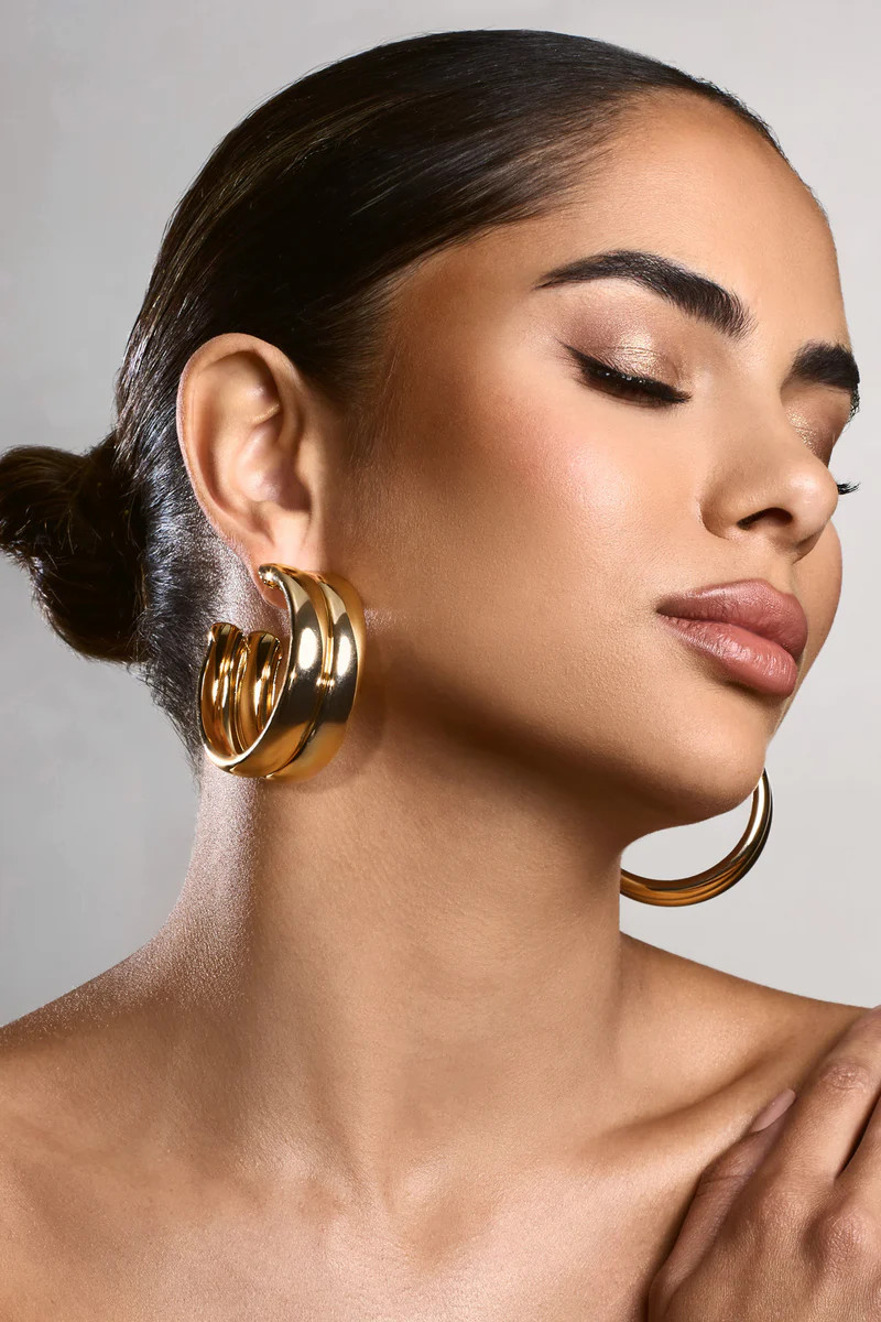 Eleasha | Gold Chunky Layered Hoop Earrings | Club L London