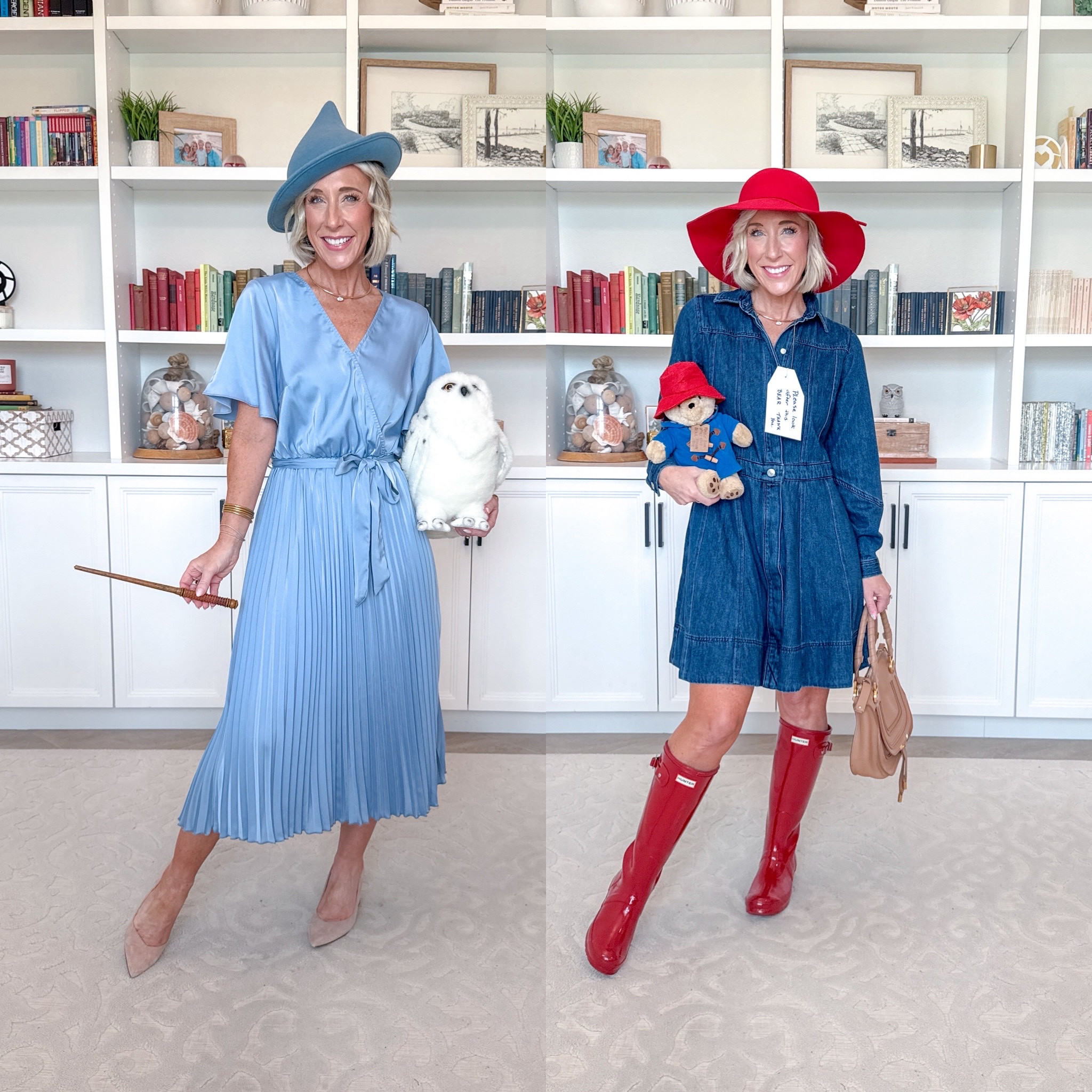Halloween ‘Costumes’ - with regular clothes - part 2: (some of these items are old, so I am linking what I can or linking similar items) Fleur Delacour: Hat is linked // my dress is old, but I’m linking similar. Paddington Bear: denim dress - size XS // boots - size up // hat is linked.