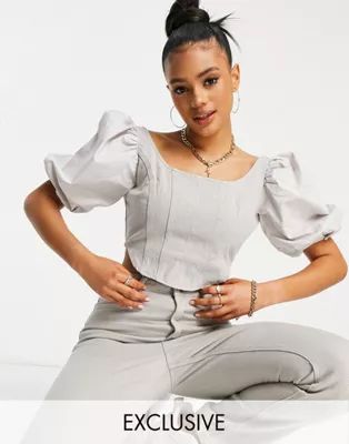 Missguided denim milkmaid top with poplin sleeves in gray - part of a set | ASOS (Global)