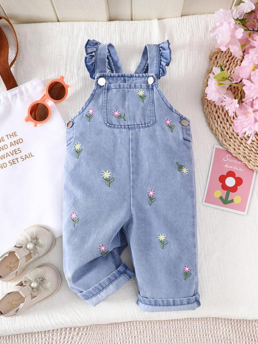 SHEIN Vintaside Kids 1pc Baby Girl Cute Embroidered Floral Denim Jumpsuit, Casual For Outing Or P... | SHEIN