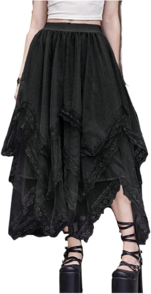 SHENHE Women's Lace Trim Layered Mesh Tulle Skirt High Waist Asymmetrical Long Goth Skirt | Amazon (US)