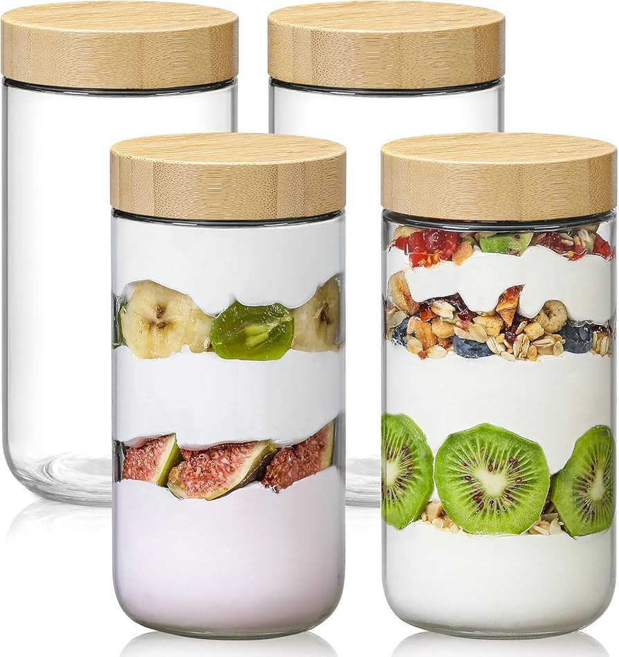 NETANY 4-pack 24oz Glass jars with Airtight Lids, Overnight Oats Containers with Bamboo Lids, Wid... | Amazon (US)
