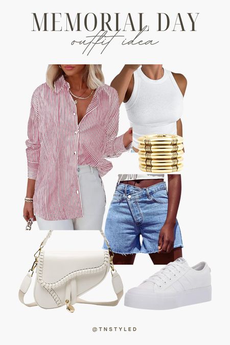 Memorial Day Outfit Idea from @amazon. // striped button down long sleeve shirt, ribbed tank top, crosssover jean shorts, saddle crossbody bag, white platform sneaker

#LTKstyletip #LTKSeasonal