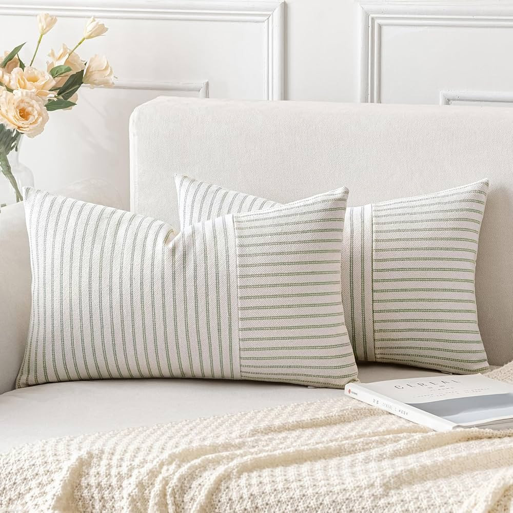 MIULEE Sage Green and Beige Patchwork Farmhouse Pillow Covers 12x20 Inch, Pack of 2 Striped Linen... | Amazon (US)
