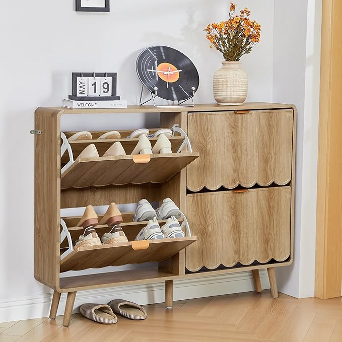 ORRD Shoe Storage Cabinet for Entryway with 4 Flip Drawers, Freestanding Narrow Wood Shoe Cabinet... | Amazon (US)