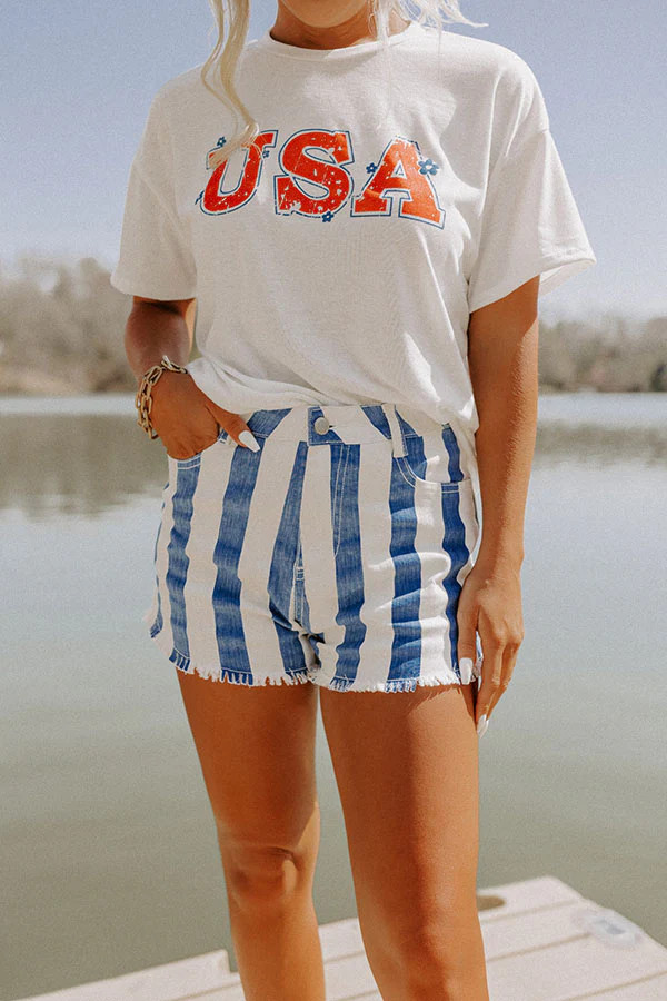 The Josette High Waist Stripe Shorts In Blue | Impressions Online Boutique