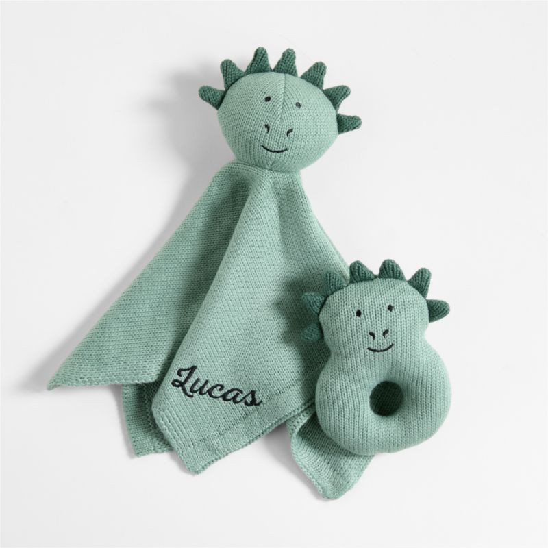 Dino Knit Lovey and Rattle Gift Set | Crate & Kids | Crate & Barrel
