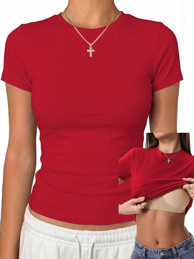 Danysu Nude Built in Bra Cotton Jersey T Shirt No See Through Stretchy Lightweight Fitted Everyda... | Amazon (US)