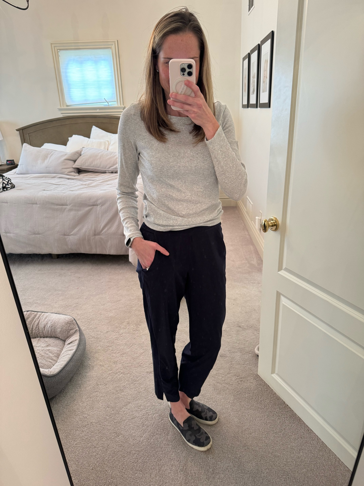 Best long sleeve Target tee!! Obsessed with this thin, ribbed tee. Only $12. I have the Marine Layer version for $40+ more and I like the target one better! 

Medium top, size 4 bottoms 
Top stretches out a bit so small would fit me too  