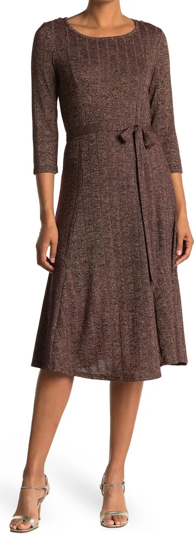 Nina Leonard Three-Quarter Sleeve A-Line Metallic Ribbed Midi Dress | Nordstromrack | Nordstrom Rack