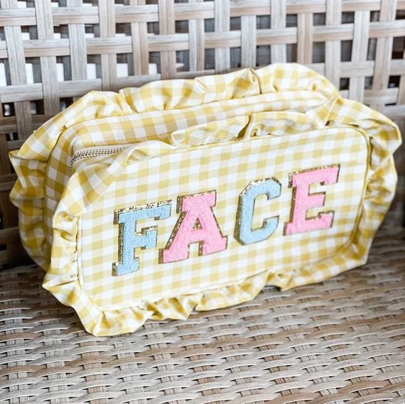 Large Yellow and White Gingham Ruffle Customized Cosmetic Toiletry Bag-Travel Bag-SEWN ON-Persona... | Etsy (US)