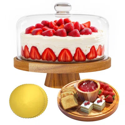 Glass Cake Stand With Dome Lid - 12" Acacia Wood Cake Plate With Lid, Includes 2 Extra Cake Boards - 2-In-1 Wedding Cake Holder For Birthdays, Kitchen | Wayfair North America