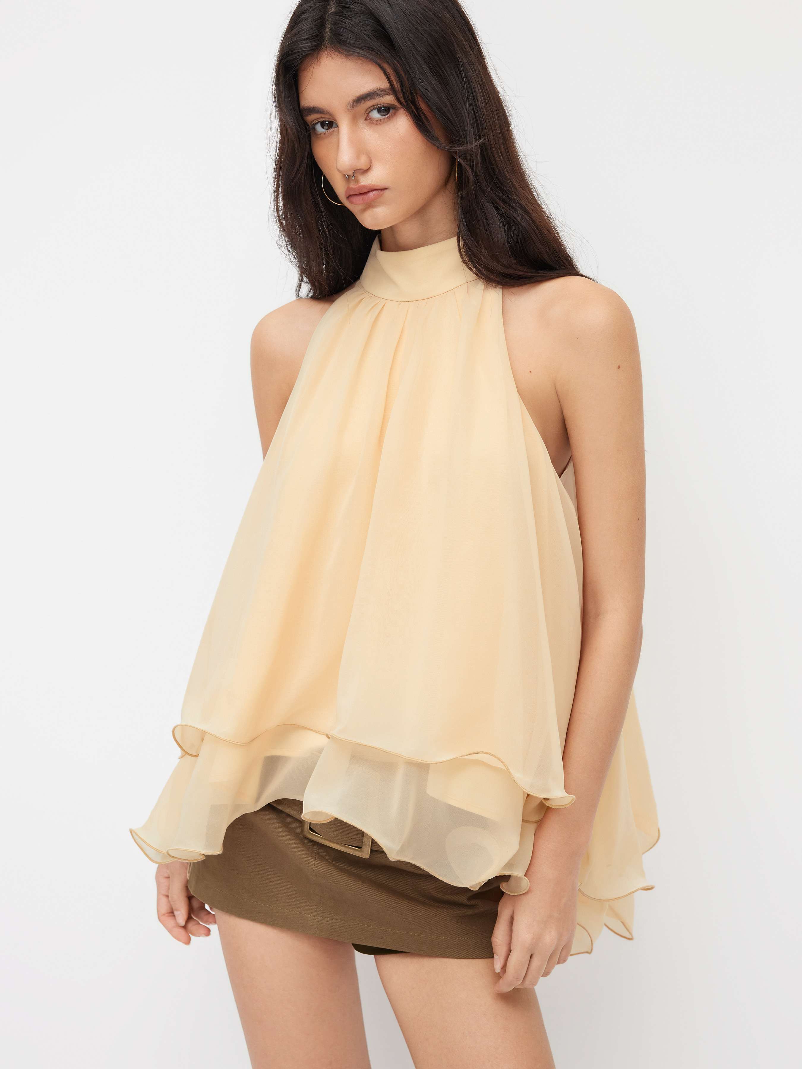 Woven Halter Neckline Knotted Layered Ruffle Hem Blouse For Daily Casual Date | Cider