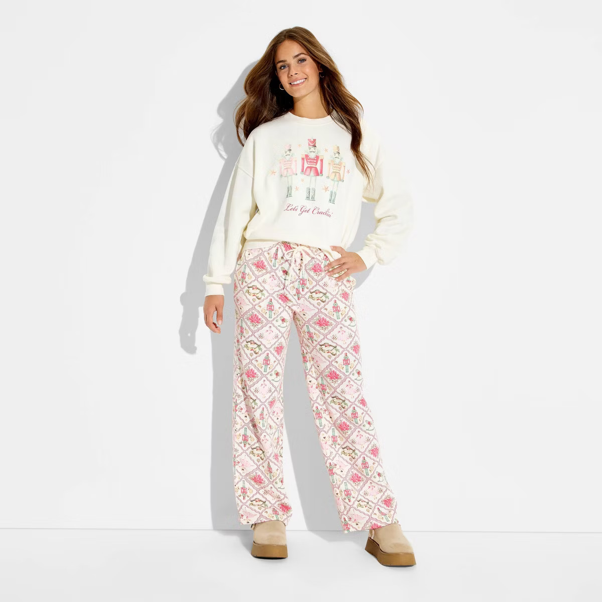 Women's Nutcracker Print Fleece Graphic Pants - Off-White | Target
