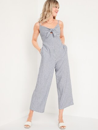Striped Smocked Cropped Knotted Linen-Blend Cami Jumpsuit for Women | Old Navy (US)