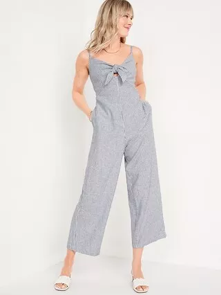 Cropped Knotted Cutout Smocked Linen-Blend Wide-Leg Jumpsuit for