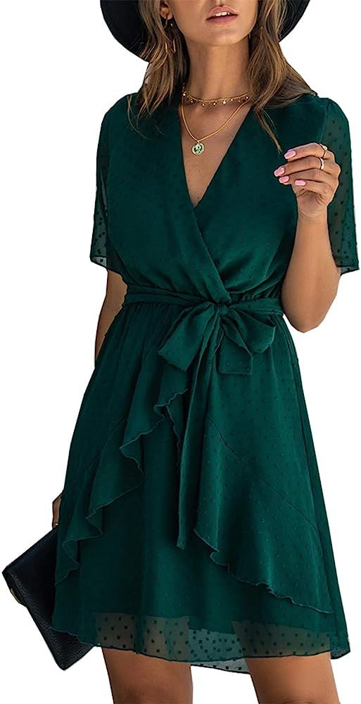 BTFBM Women Fashion Faux Wrap Swiss Dot V-Neck Short Sleeve High Waist A-Line Ruffle Hem Plain Be... | Amazon (US)