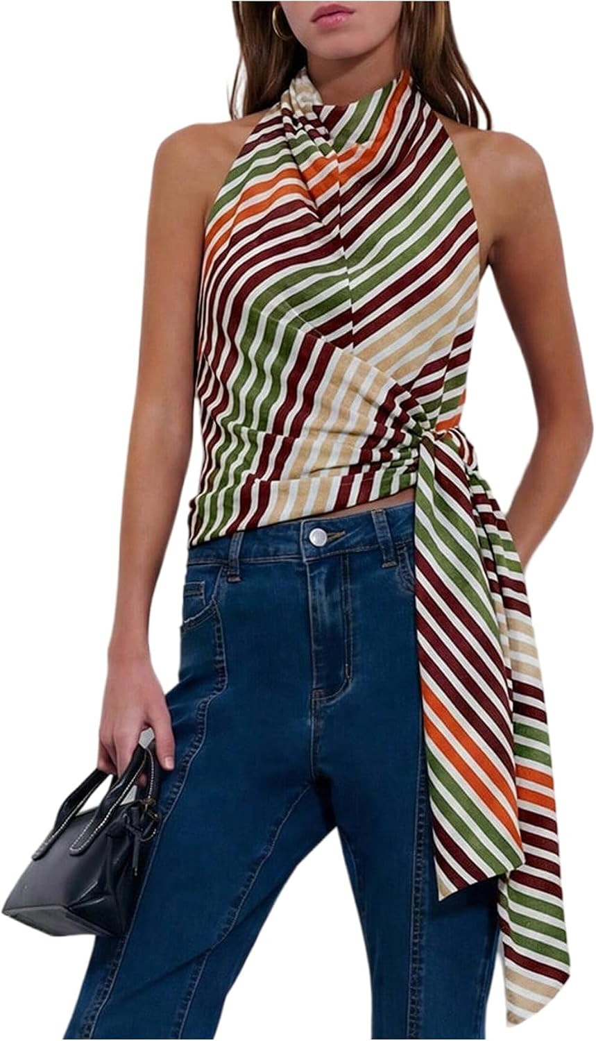 RoseSeek Women's Striped Cowl Neck Halter Top Wrap Open Back Going Out Tops | Amazon (US)