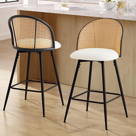 Counter Height Bar Stools Set of 2, 360° Swivel Upholstered Barstools with Rattan Full Back & Me... | Amazon (US)
