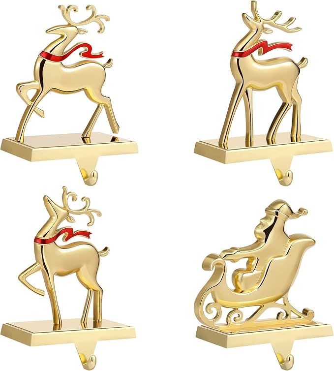 Christmas Stocking Holder, Set of 4 Gold Stocking Holders for Mantle, Metal Reindeer Santa Stocki... | Amazon (US)
