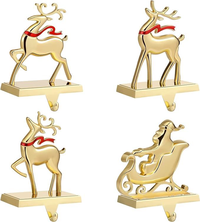Christmas Stocking Holder, Set of 4 Gold Stocking Holders for Mantle, Metal Reindeer Santa Stocki... | Amazon (US)