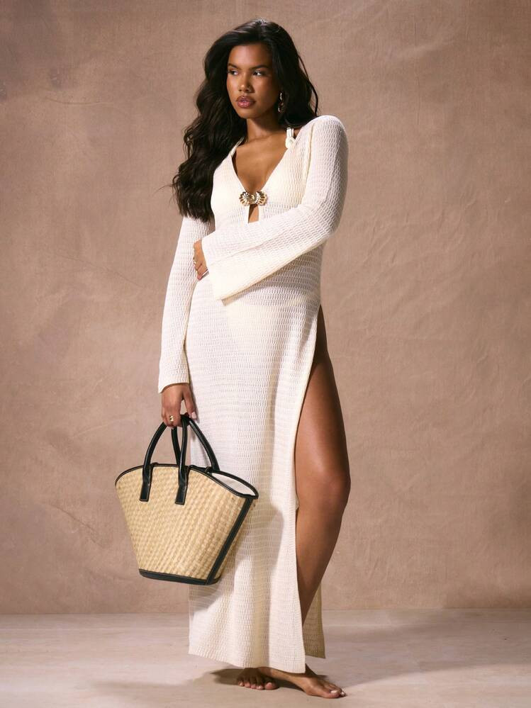 Musera Resort Crochet Knit Plunge Neckline Shell Detail Long Sleeve Maxi Dress Beach Swim Cover Up Vacation Spring Summer Elegant Beach Resort Ibiza Swim Bridal Hen Do Wedding Bachelorette Holiday Graduation Long Dress | SHEIN