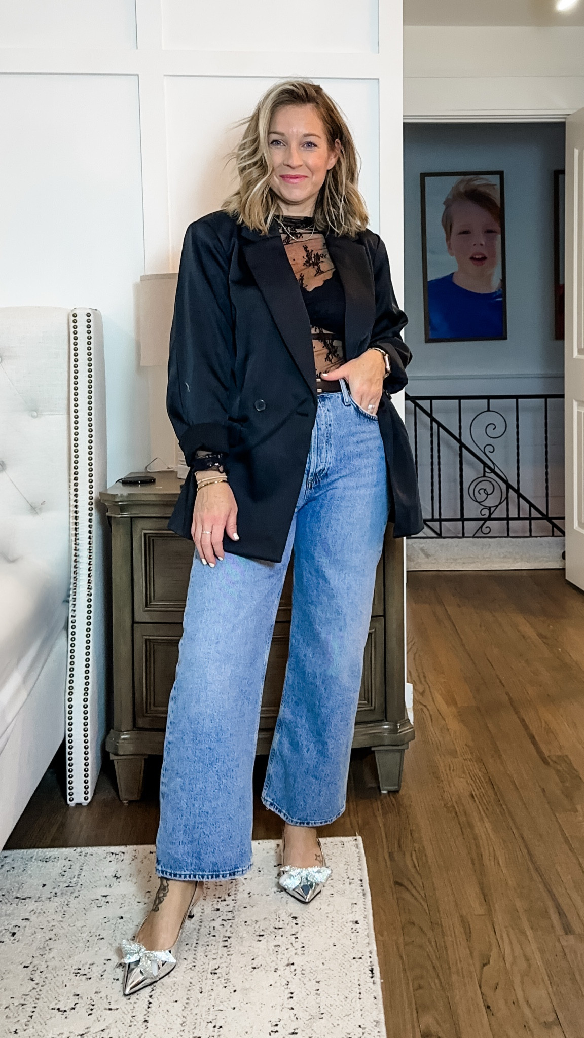 Get it while it’s on sale!! 
29 jeans (tts)
Small blazer (oversized)
Medium lace top (tts)
8 shoes. How cute is this bow?! 

#LTKHoliday #LTKCyberWeek #LTKGiftGuide