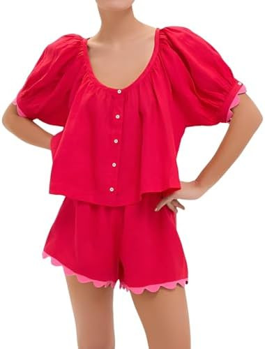 VAOYIU Womens Gingham Two Piece Summer Set Linen Outfit with Scalloped Hem Puff Sleeve Round Neck... | Amazon (US)