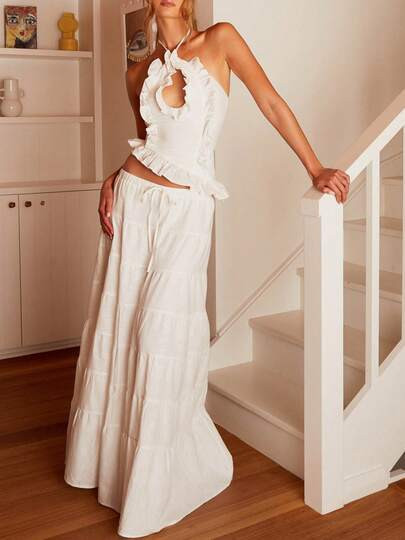 Y2k Maxi Skirt Set For Women Backless Lace Halter Top And Pleated Flowy Skirt Sets Beach Sheer Dress Summer 2 Piece Outfit Beach Set | SHEIN