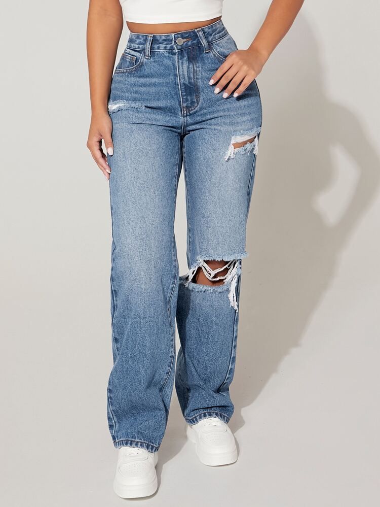 SHEIN PETITE High Waist Cut Out Ripped Frayed Straight Leg Jeans | SHEIN