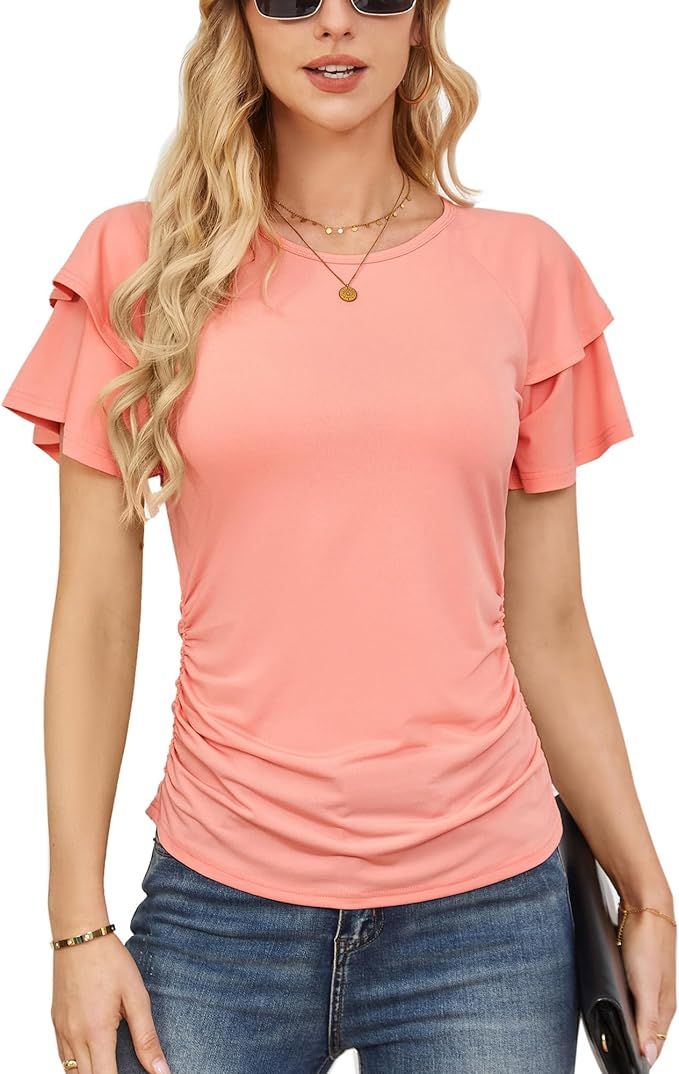 GRACE KARIN Women's 2024 Summer Tops Ruffle Sleeve Basic T Shirts Dressy Casual Ruched Work Blous... | Amazon (US)