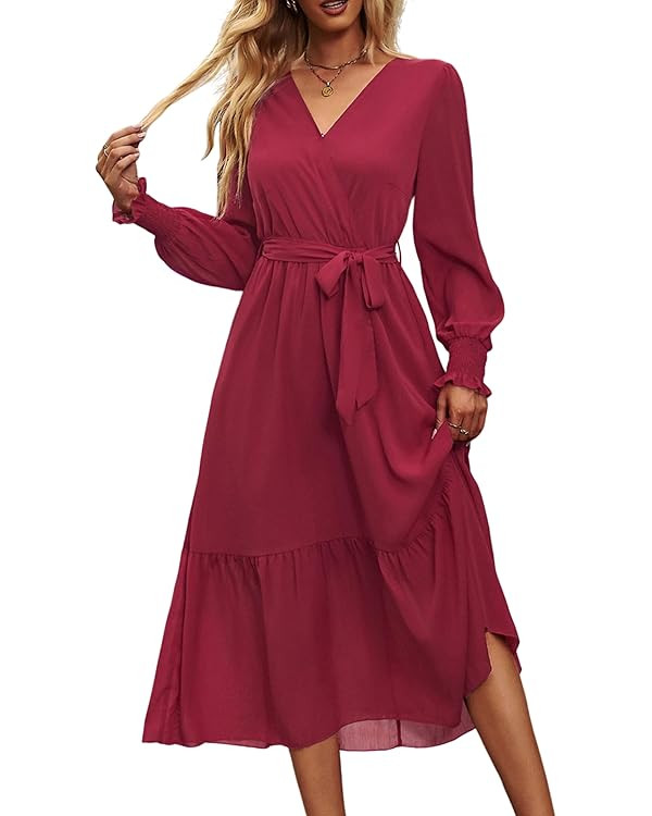 PRETTYGARDEN Women's Floral Boho Dress Fall Long Sleeve Wrap V Neck Ruffle Flowy Maxi Spring Wedd... | Amazon (US)