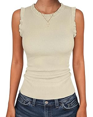 ANRABESS Ribbed Tank Tops for Women Crew Neck Ruffle Sweater Vest Cute Sleeveless Shirts 2026 Sum... | Amazon (US)