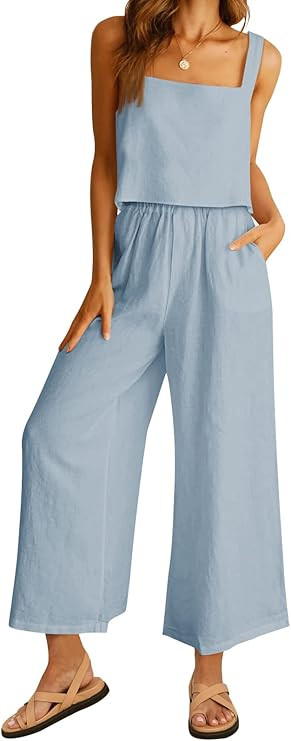 AUTOMET 2 Piece Summer Outfits for Women Casual Lounge Matching Sets Linen Crop Top Long Pants 20... | Amazon (US)