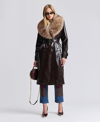 Women's Double-Breasted Detachable Faux Fur Shawl Collar Trench Coat | Macy's